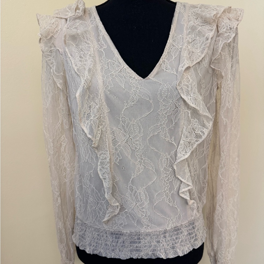Express Cream Lace Ruffle V-Neck Blouse